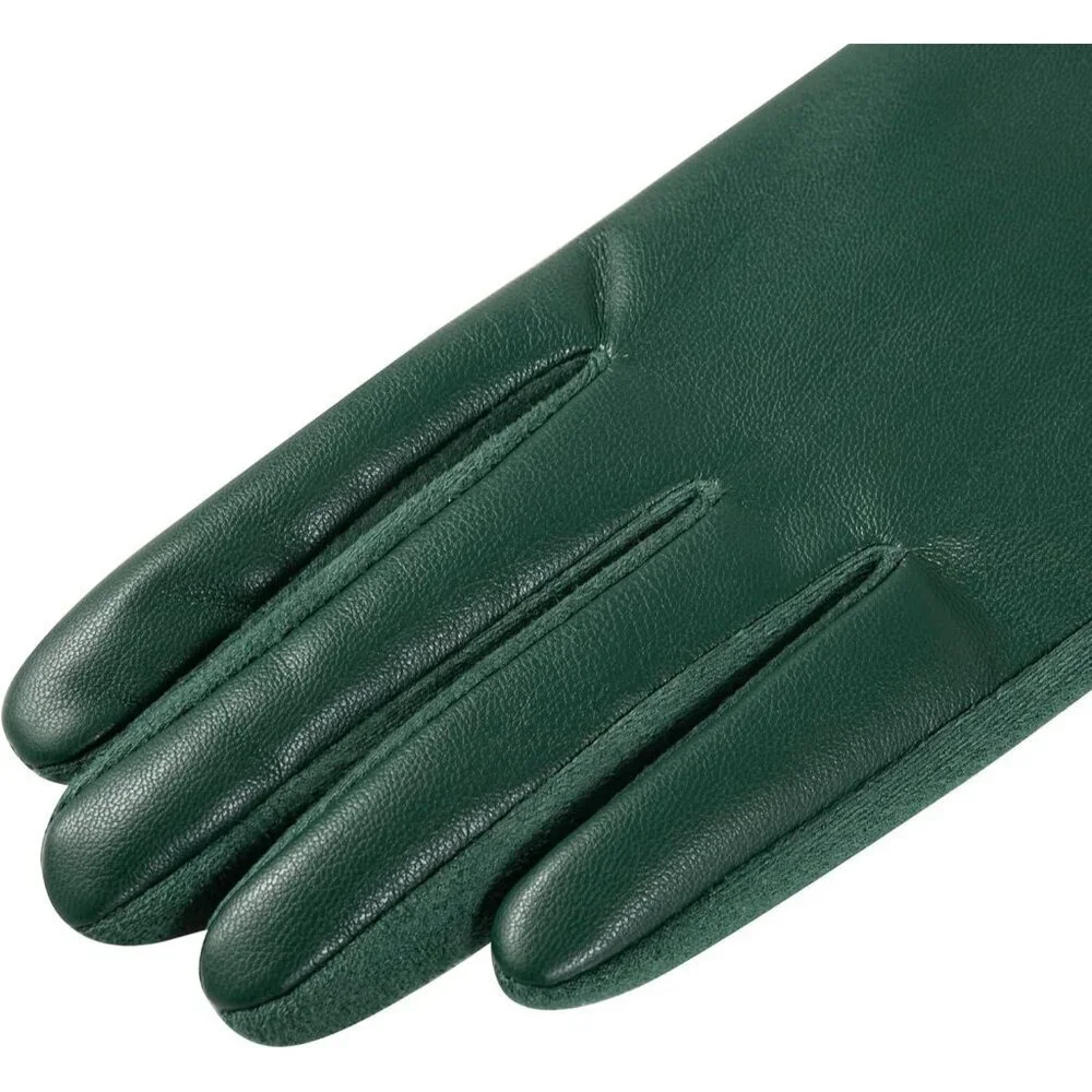 Women's Green Winter Leather Suede Gloves Wool Lined Windproof Touchscreen